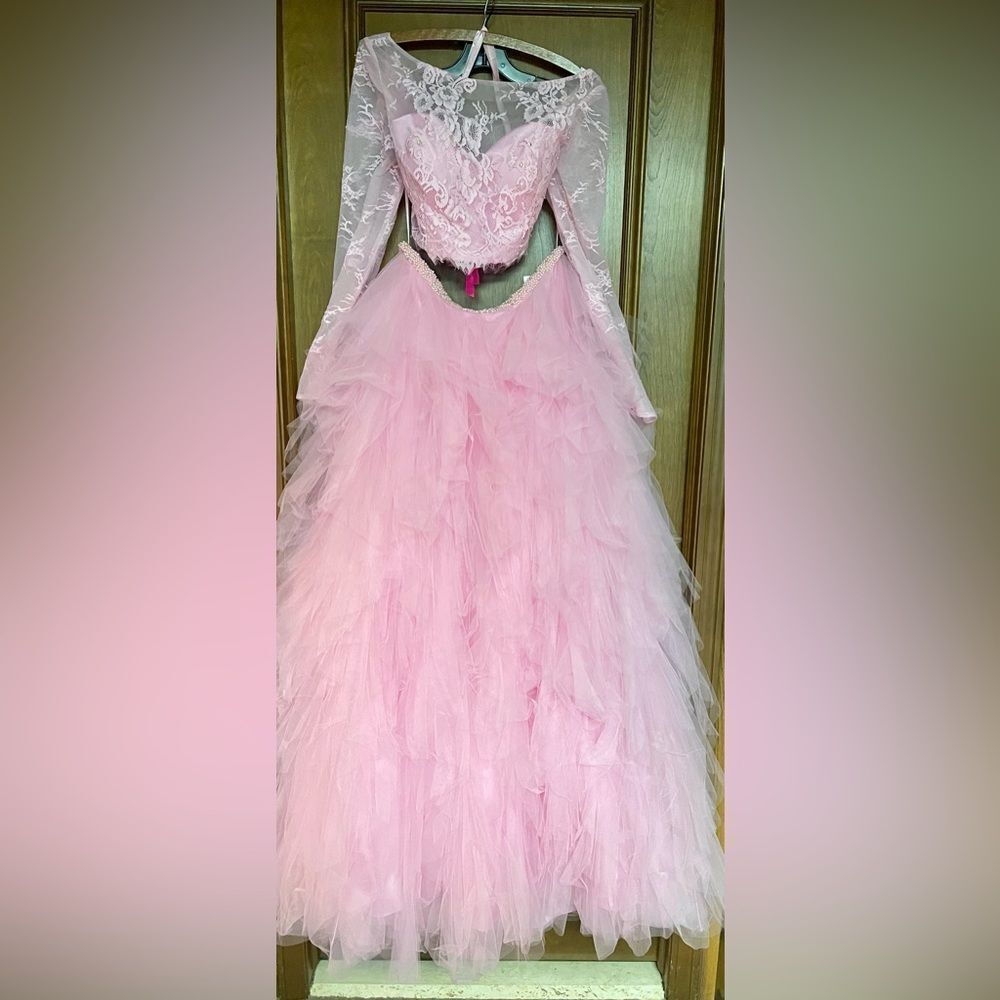 Mori Lee Pink Lace and Tulle Prom Dress